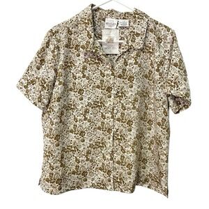 TR Bentley L Tan Floral Button Down Blouse Short Sleeve Camp Collar Cottagecore